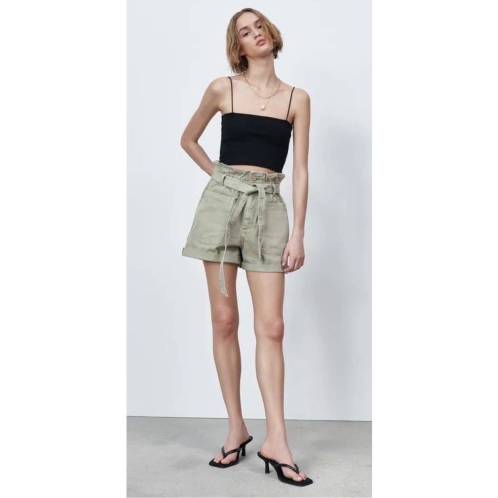 Zara Paperbag High Waist Denim Shorts Longline Relaxed Mint Shorts 4